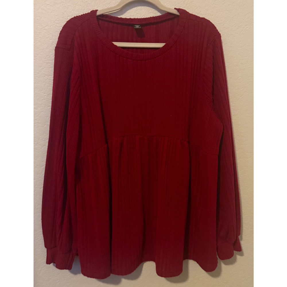 SHEIN Curve Top 2XL Red Ribbed Long Sleeve Peplum Tunic Knit Plus Size Blouse